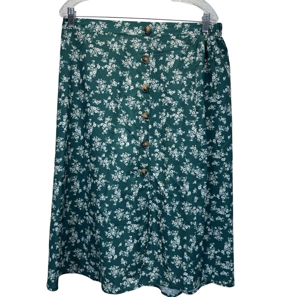 SHEIN Women’s 1X Green Floral Button Front Midi Skirt Boho Cottagecore